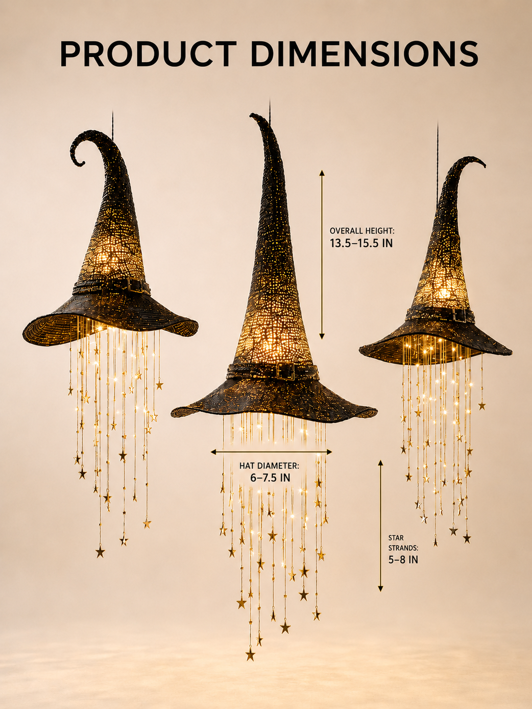 3 Pack Lighted Hanging Witch Hat Star Garland Halloween Decor