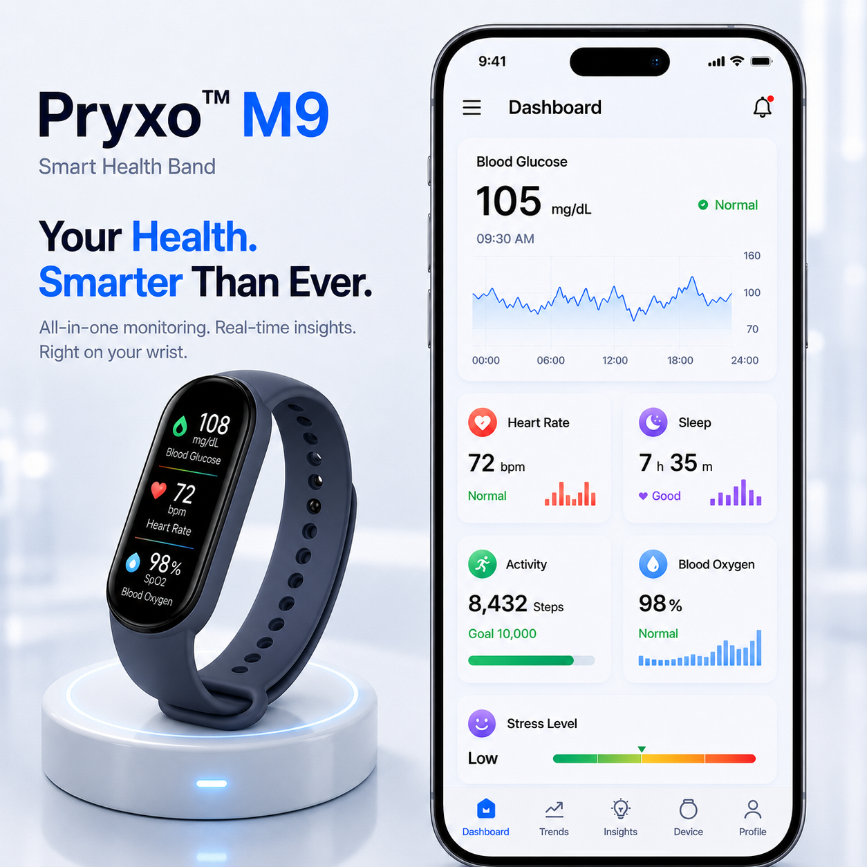 🏆 2026 Pryxo™ M9 Non-Invasive Smart Band 📈12 health reports - No-Prick