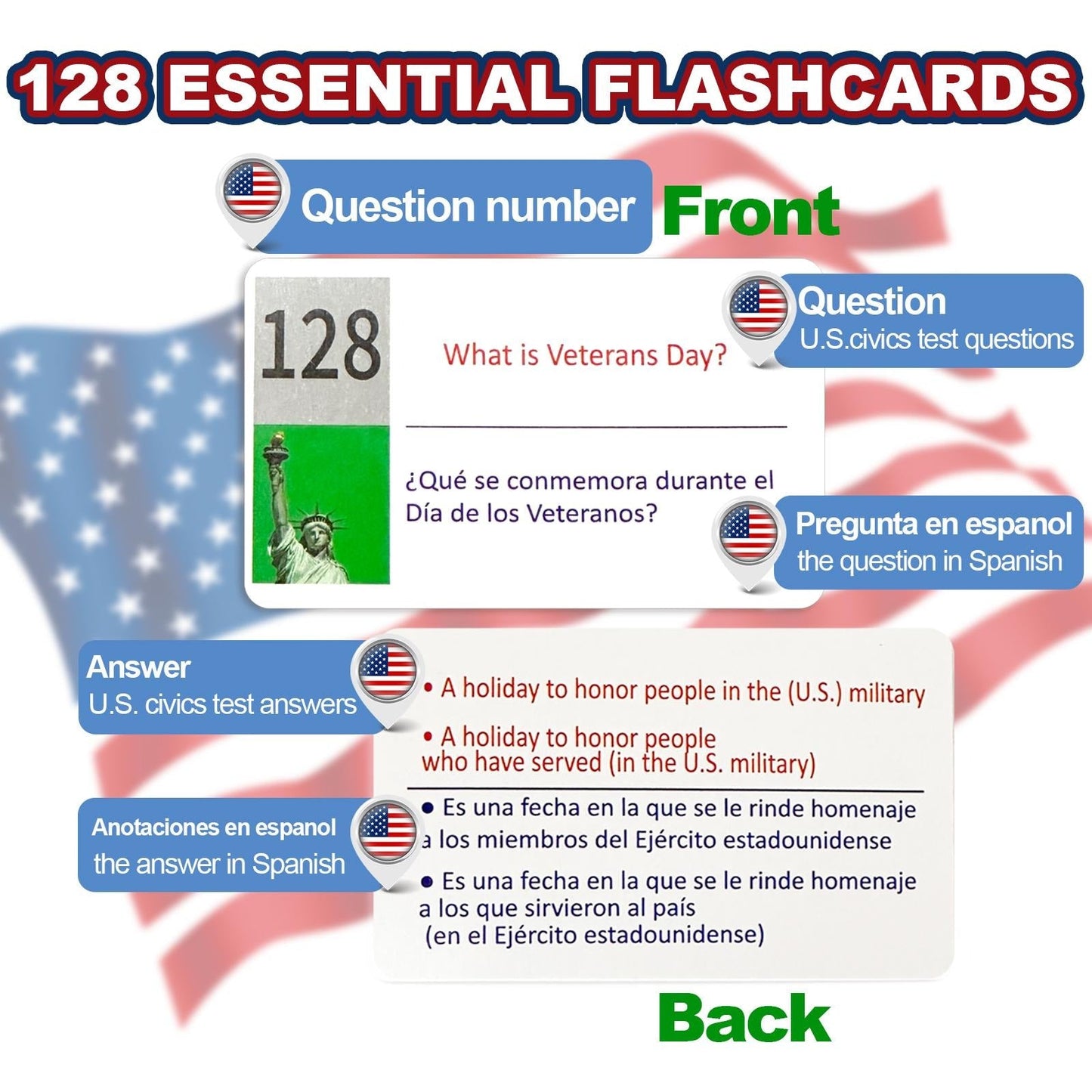 2026 US Citizenship Flash Cards – 128 Official Questions & Answers (English & Spanish)