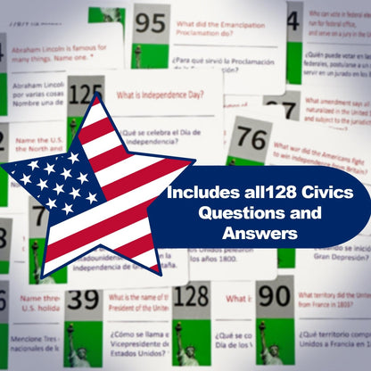 2026 US Citizenship Flash Cards – 128 Official Questions & Answers (English & Spanish)